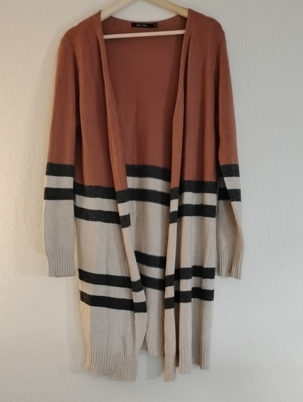 100% Angora Long Open-Front Rust, Cream, Grey Striped Cardigan - Collegiate